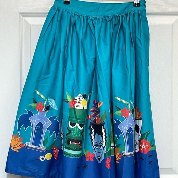 Unique Vintage X Tiki Monsters Wm's Geller Blue Swing Skirt 1950's Pin Up - Picture 3 of 10